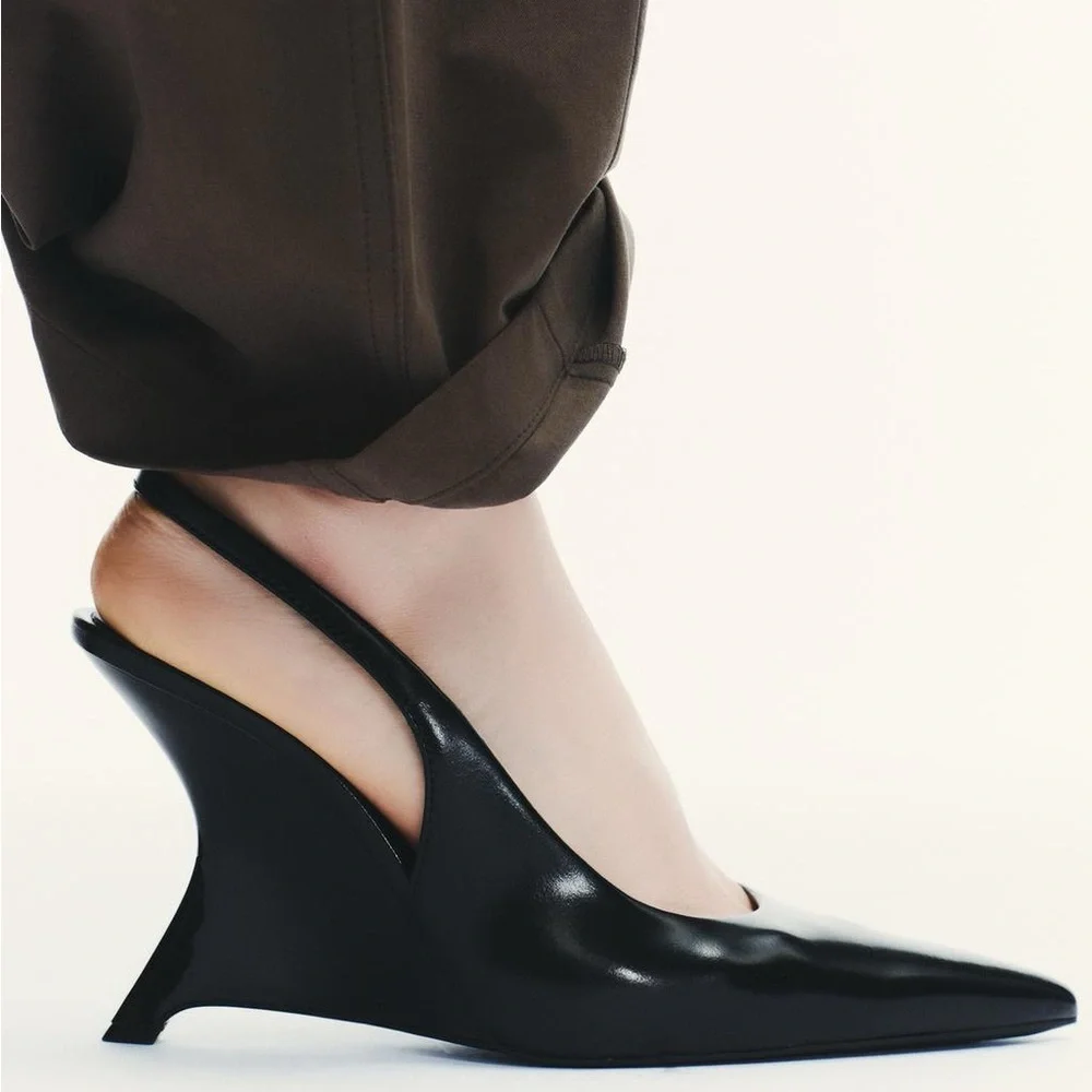 Zara Slingback Wedge Heels Black NWT East
